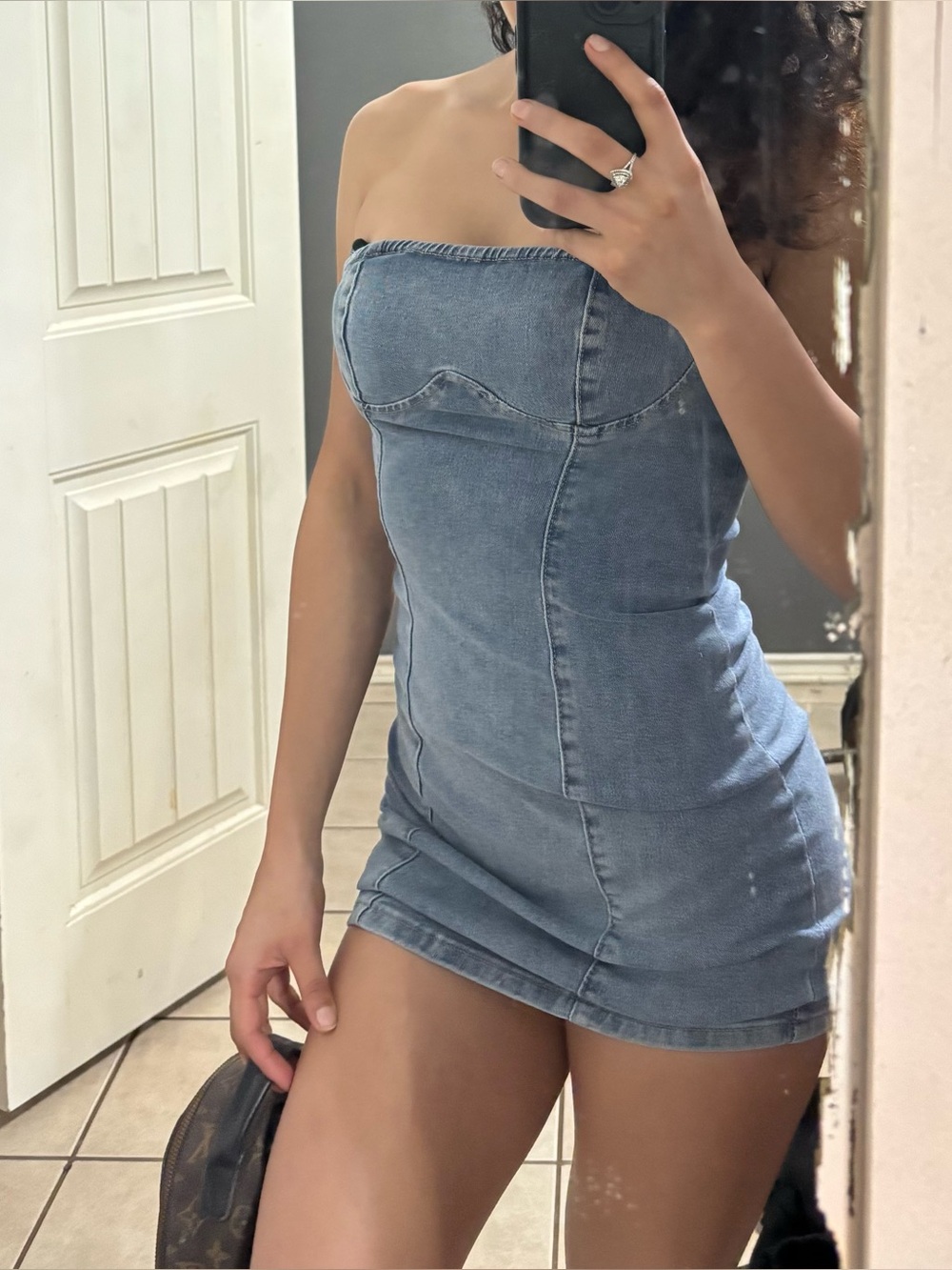 Strapless Denim Mini Dress - Light Blue